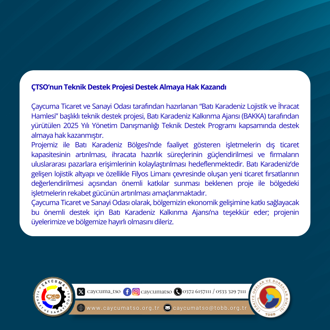 ÇTSO’nun Teknik Destek Projesi Destek Almaya Hak Kazandı